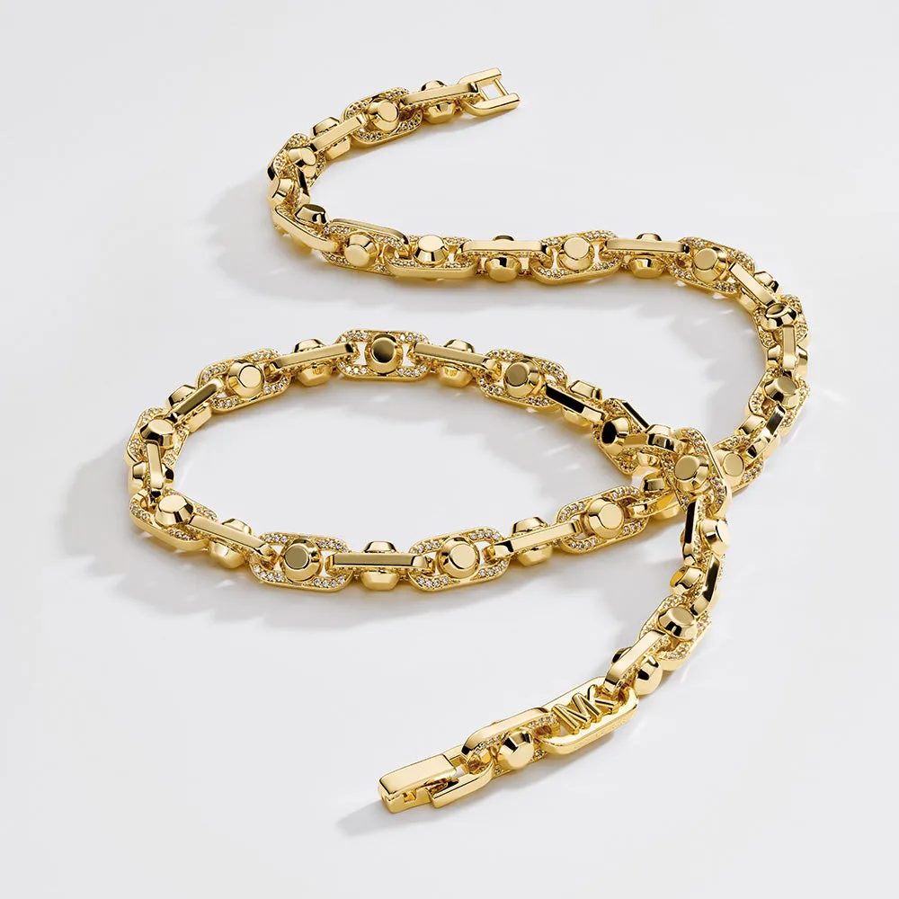 Michael Kors Gold Plated Brass Astor Link Pave 16" Chain Shiels