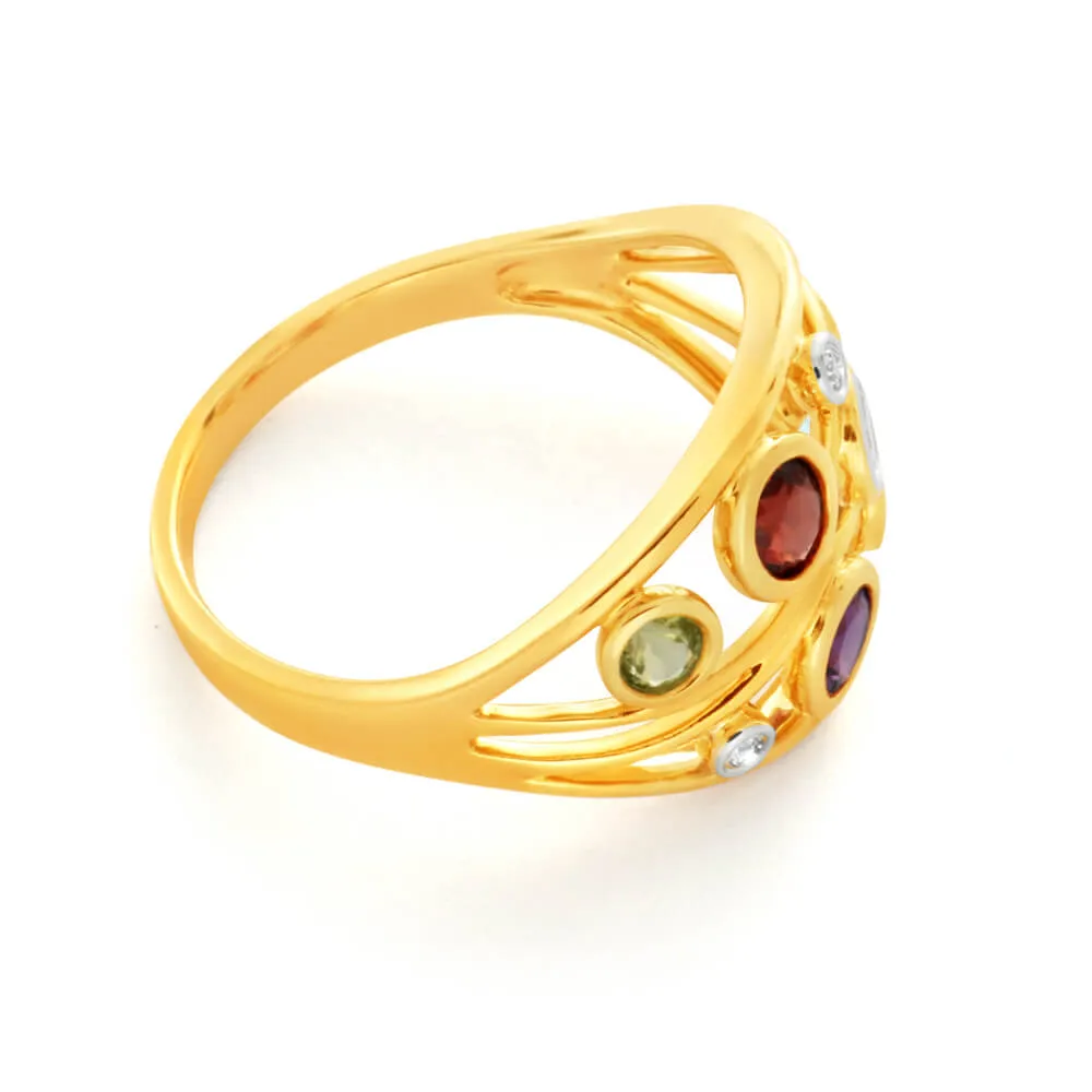 Natural Amethyst, Blue Topaz, Garnet, Peridot & Diamond Ring in 9ct Yellow Gold Shiels