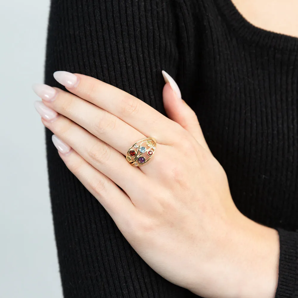 Natural Amethyst, Blue Topaz, Garnet, Peridot & Diamond Ring in 9ct Yellow Gold Shiels