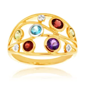 Natural Amethyst, Blue Topaz, Garnet, Peridot & Diamond Ring in 9ct Yellow Gold Shiels