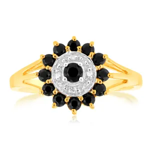 Natural Dark Round Sapphire & Diamond Ring in 9ct Yellow Gold Shiels