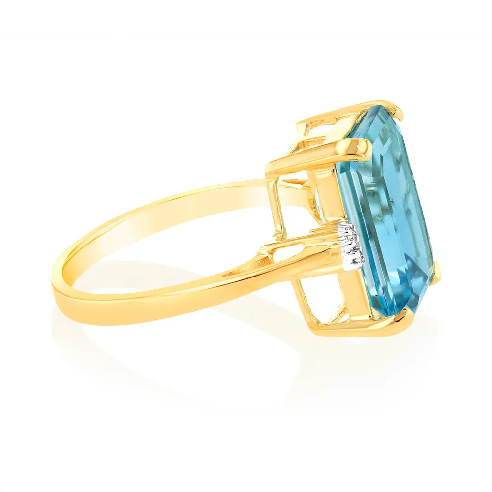 Natural Emerald Cut 14x10mm Blue Topaz & Small Diamonds in 9ct Yellow Gold Shiels