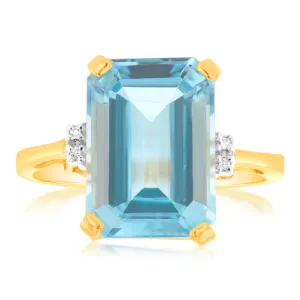 Natural Emerald Cut 14x10mm Blue Topaz & Small Diamonds in 9ct Yellow Gold Shiels