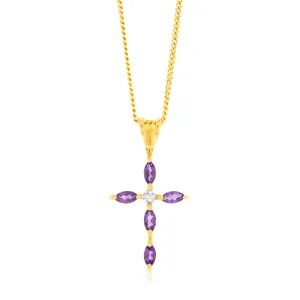 Natural Marquise Cut Amethyst Cross Diamond Pendant in 9ct Yellow Gold Shiels