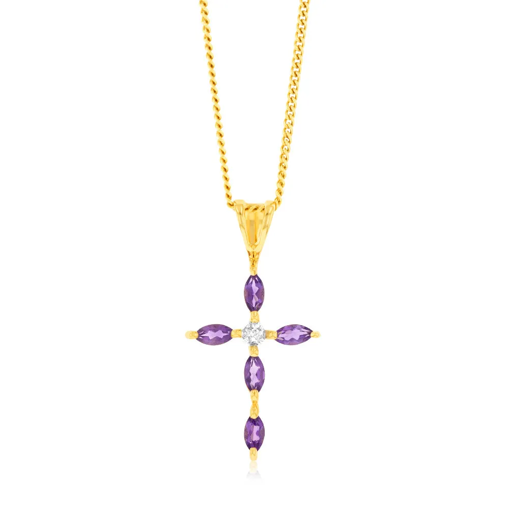 Natural Marquise Cut Amethyst Cross Diamond Pendant in 9ct Yellow Gold Shiels