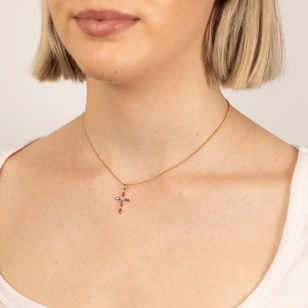 Natural Marquise Cut Amethyst Cross Diamond Pendant in 9ct Yellow Gold Shiels