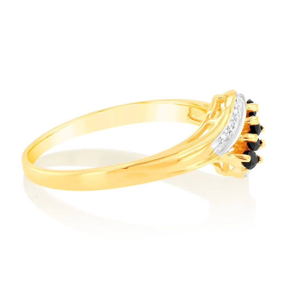 Natural Marquise Cut Dark Sapphire Diamond Ring in 9ct Yellow Gold Shiels