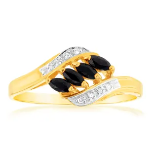 Natural Marquise Cut Dark Sapphire Diamond Ring in 9ct Yellow Gold Shiels
