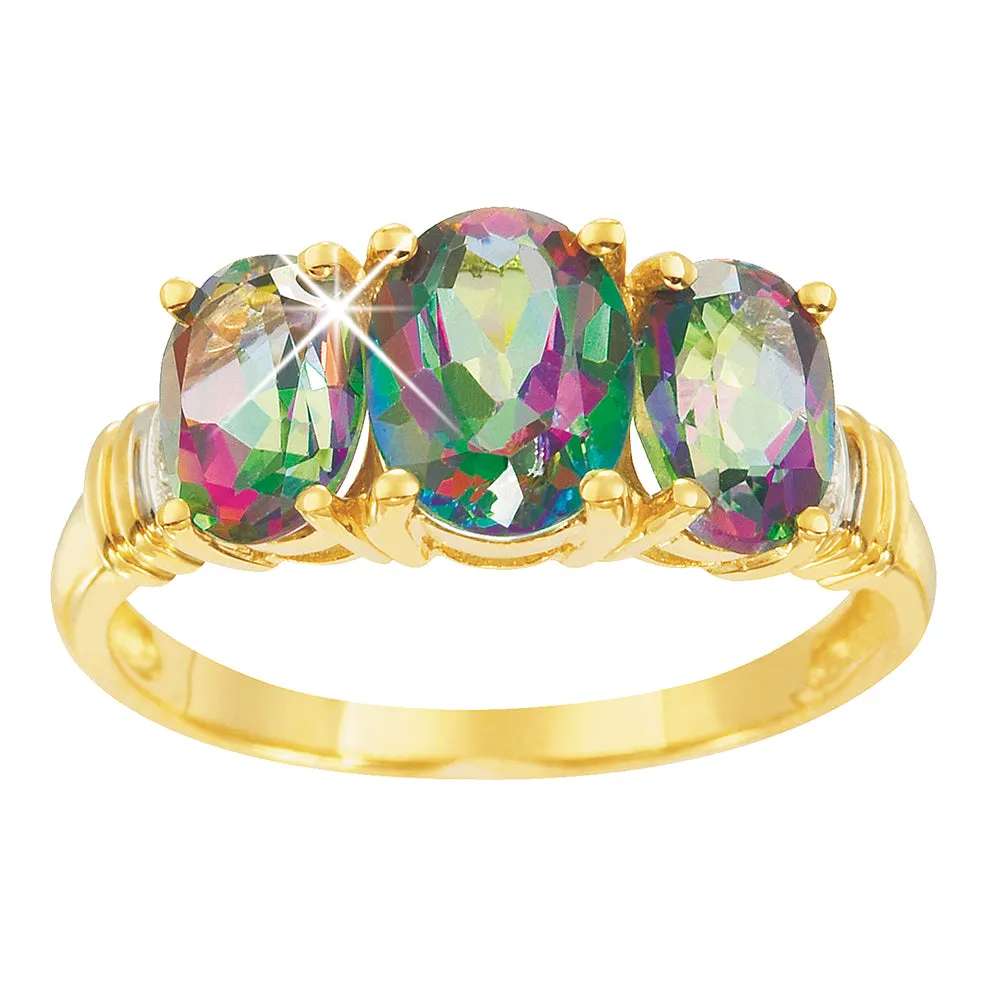 Oval Natural Enhanced Mystic Topaz and Diamond Trilogy Ring in 9ct Yellow Gold Shiels