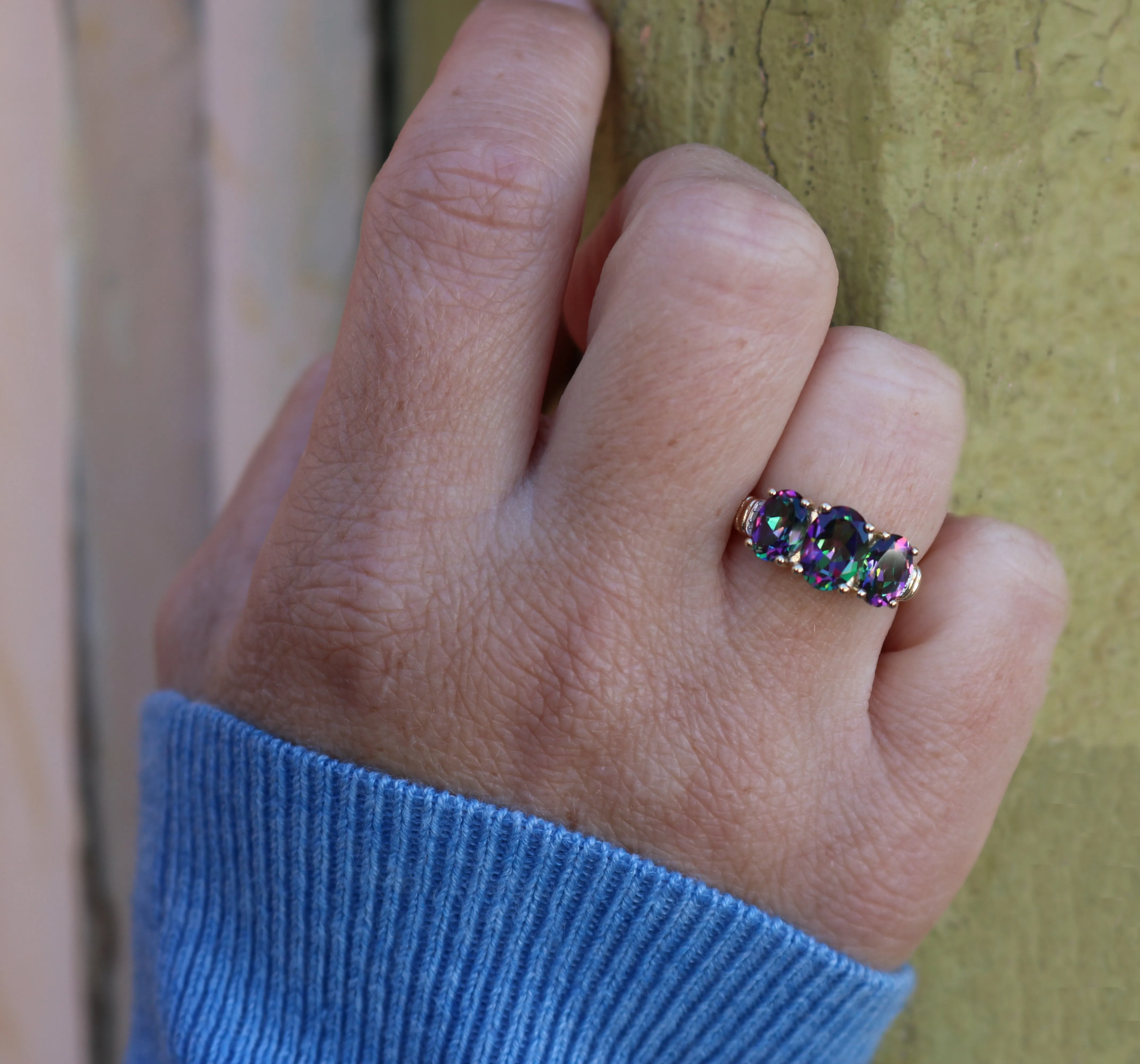 Oval Natural Enhanced Mystic Topaz and Diamond Trilogy Ring in 9ct Yellow Gold Shiels