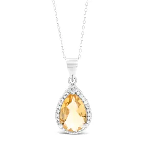 Pear Citrine And Zirconia Pendanton Chain in Sterling Silver Shiels