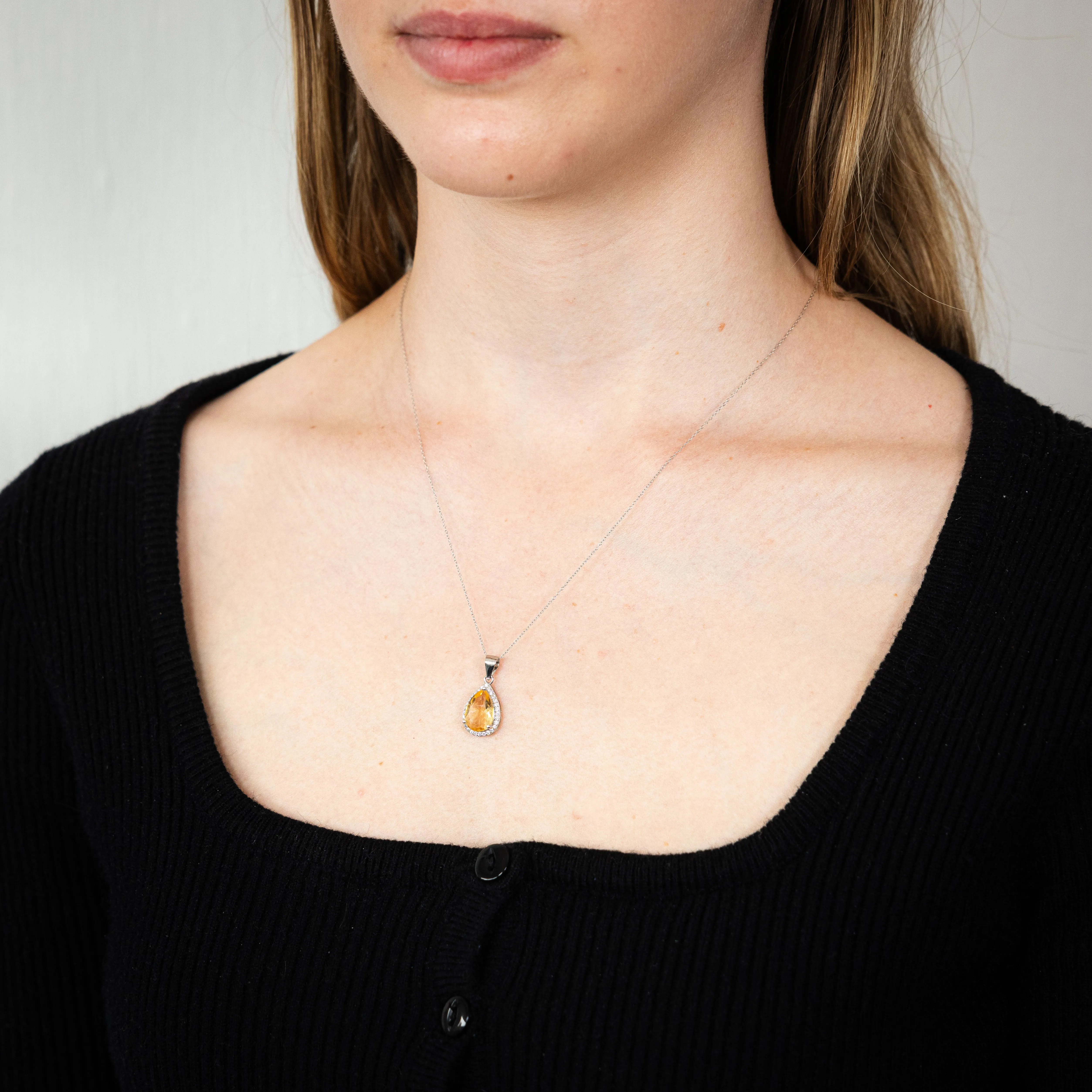 Pear Citrine And Zirconia Pendanton Chain in Sterling Silver Shiels