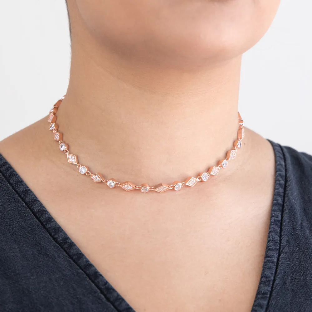 Rose Gold Plated Cubic Zirconia Fancy Choker Chain Shiels