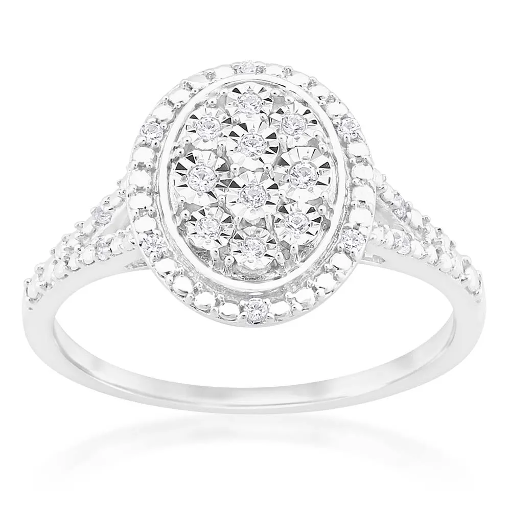 Silver Diamond Oval Cluster Ring with 20 Diamonds Shiels