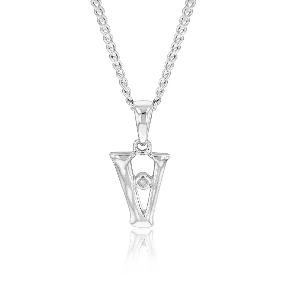 Silver Pendant Initial V set with Diamond Shiels