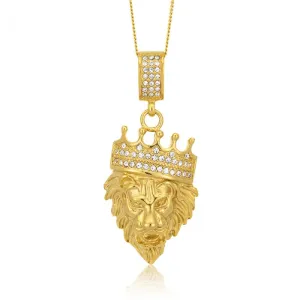 Stainless Steel and Gold Plated Crystal  Lion Head with Crown Pendant Shiels