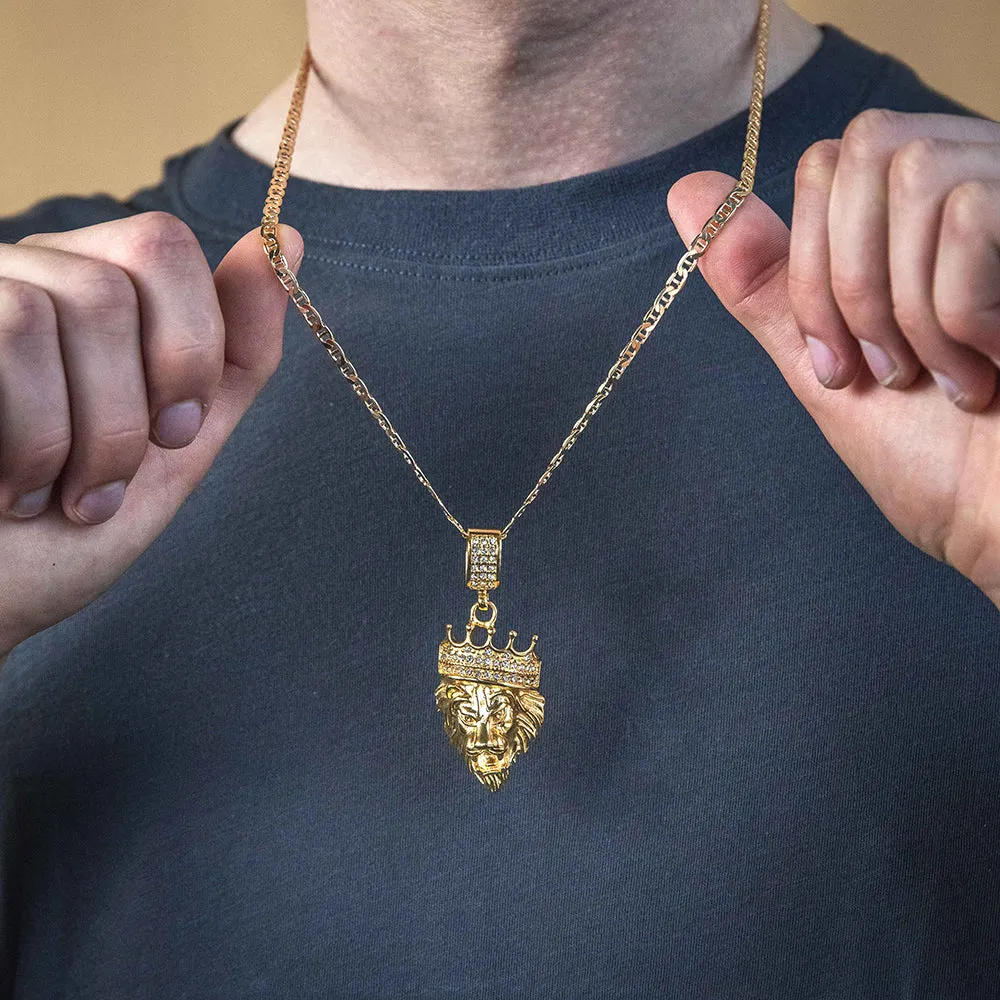 Stainless Steel and Gold Plated Crystal  Lion Head with Crown Pendant Shiels