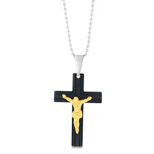 Stainless Steel Black And Gold Two Tone Crucifix Pendant On 60.9cm Ball Chain Shiels