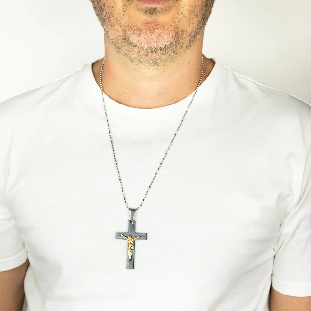 Stainless Steel Black And Gold Two Tone Crucifix Pendant On 60.9cm Ball Chain Shiels