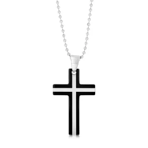 Stainless Steel Black And Silver Two Tone Cross Pendant On 60.9cm Ball Chain Shiels