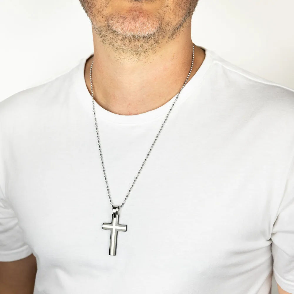 Stainless Steel Black And Silver Two Tone Cross Pendant On 60.9cm Ball Chain Shiels