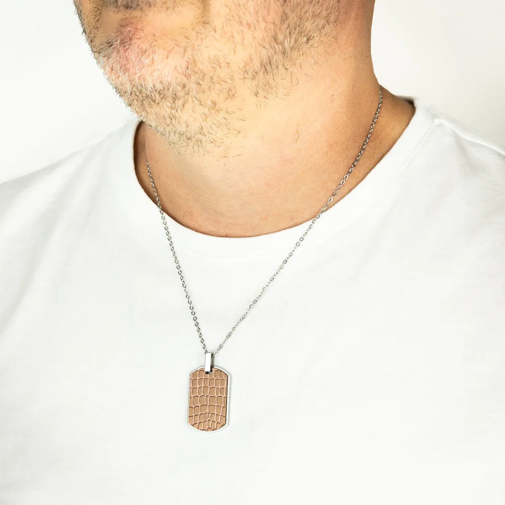 Stainless Steel Chocolate Colour Leather Look Dog Tag Pendant On Chain Shiels