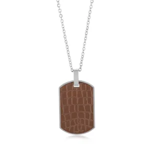 Stainless Steel Chocolate Colour Leather Look Dog Tag Pendant On Chain Shiels