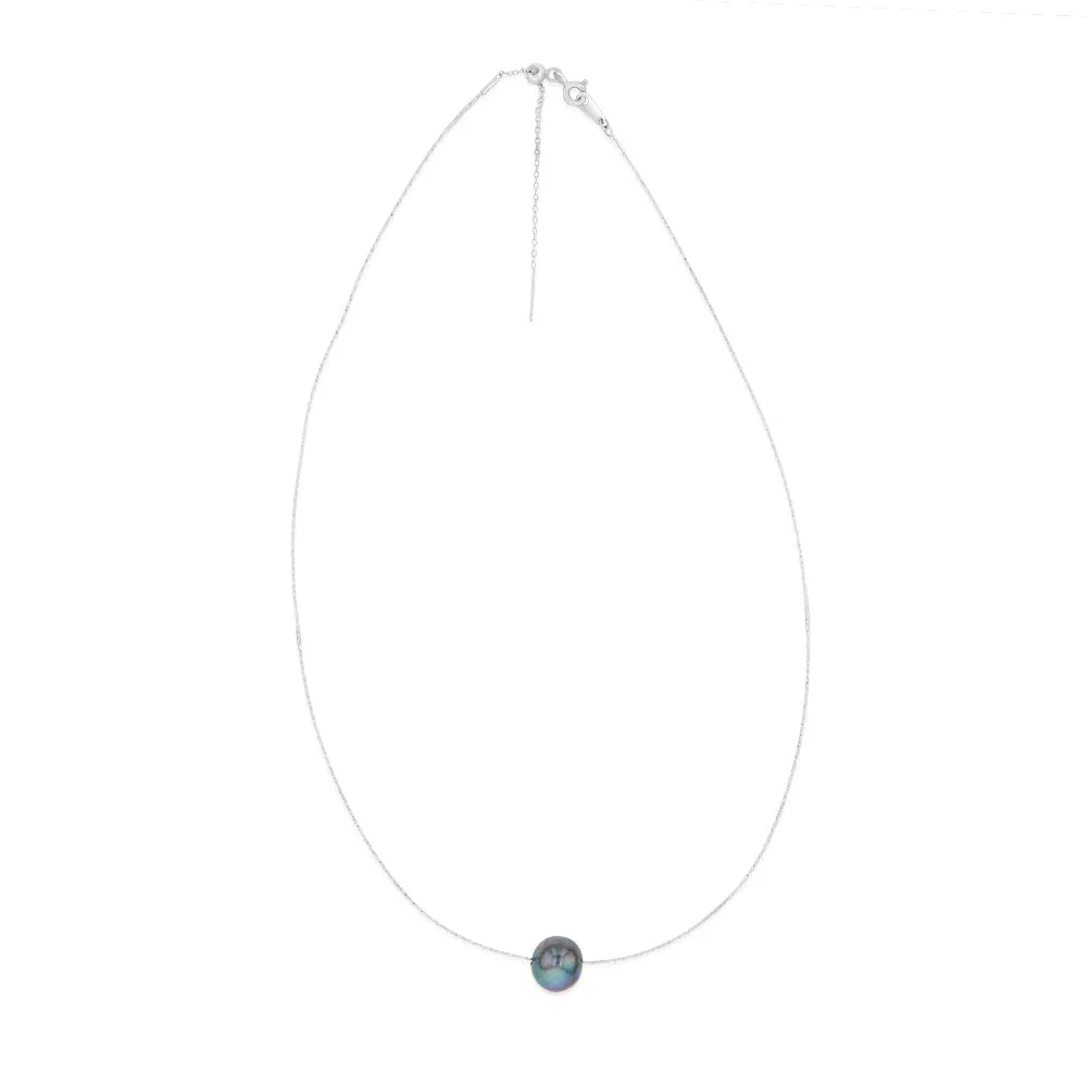 Sterling Silver 10-12mm Dyed Black Fresh Water Pearl On Adjustable Choker Chain Shiels