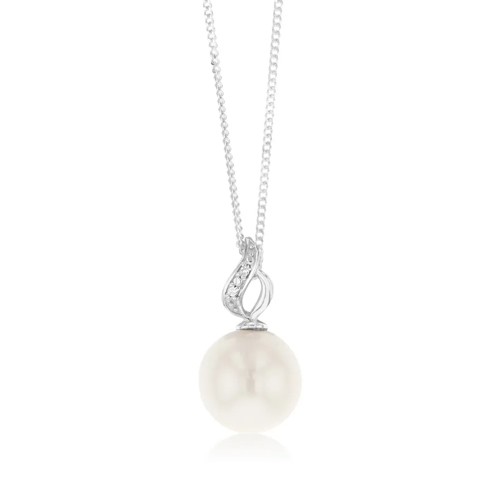 Sterling Silver 11-12mm White South Sea and Diamond Pendant on 45cm Chain Shiels