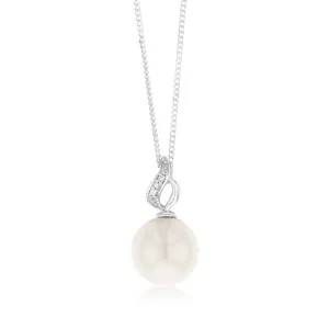 Sterling Silver 11-12mm White South Sea and Diamond Pendant on 45cm Chain Shiels
