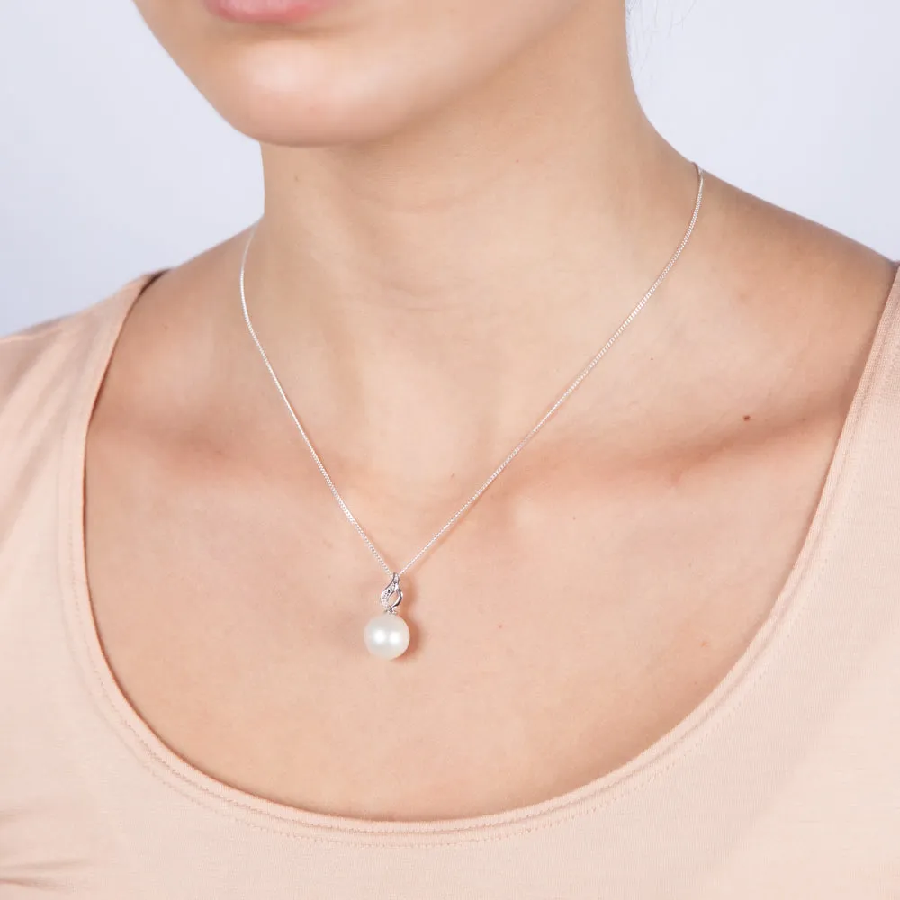 Sterling Silver 11-12mm White South Sea and Diamond Pendant on 45cm Chain Shiels