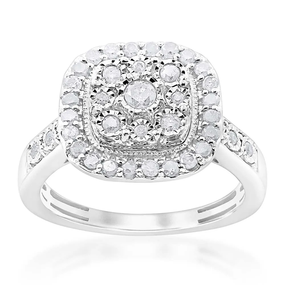 Sterling Silver 1/2 Carat Diamond Cushion Shape Cluster Ring Shiels