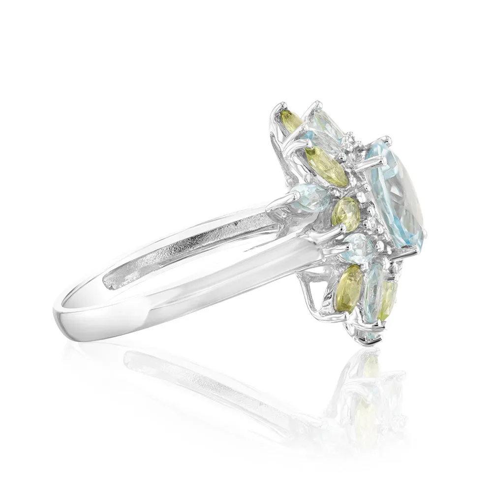 Sterling Silver 2.41 Carat Sky Blue Topaz, 0.80ct Peridot & 6Diamonds Ring Shiels