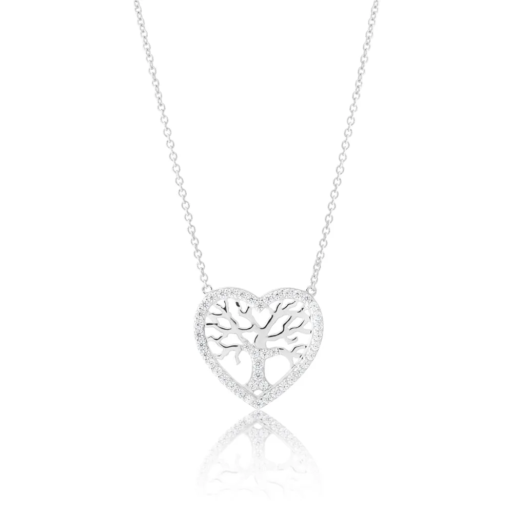 Sterling Silver 45cm Zirconia Tree in Heart Pendant on Chain Shiels