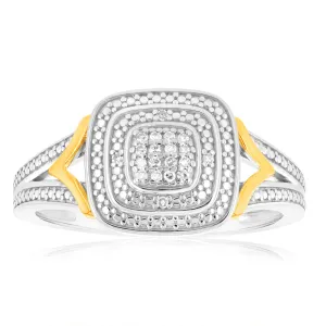 Sterling Silver & 9ct Yellow Gold Diamond Cushion Ring with 20 Brilliant Cut Diamonds Shiels