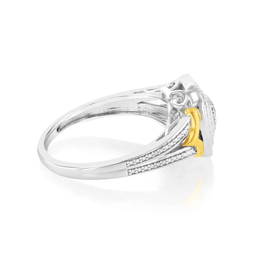 Sterling Silver & 9ct Yellow Gold Diamond Cushion Ring with 20 Brilliant Cut Diamonds Shiels