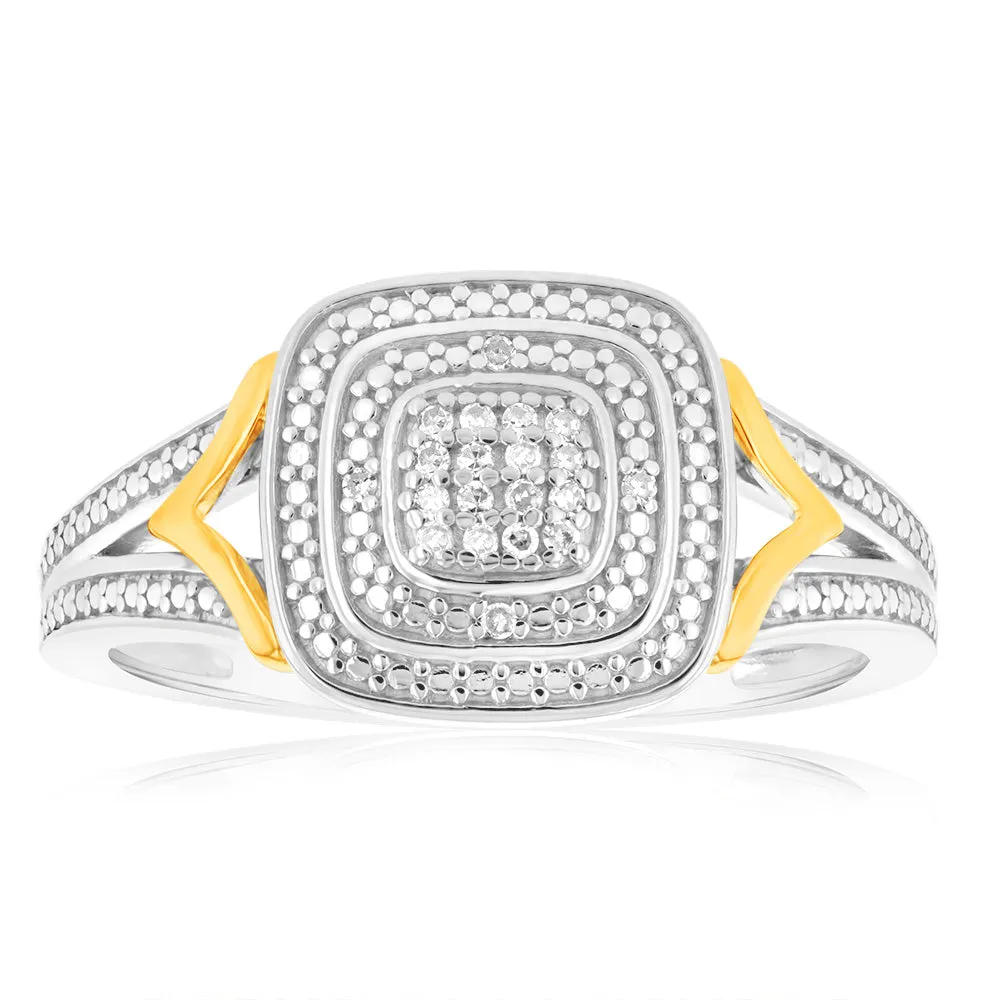 Sterling Silver & 9ct Yellow Gold Diamond Cushion Ring with 20 Brilliant Cut Diamonds Shiels