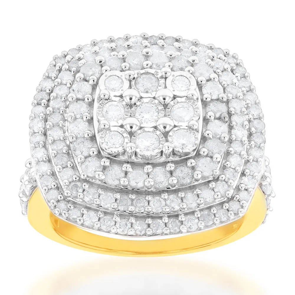 Sterling Silver and 9ct Yellow Gold 2 Carat Diamond Cushion Shape Cluster Ring Shiels