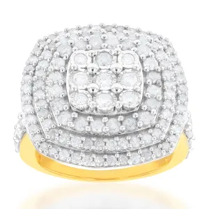 Sterling Silver and 9ct Yellow Gold 2 Carat Diamond Cushion Shape Cluster Ring Shiels