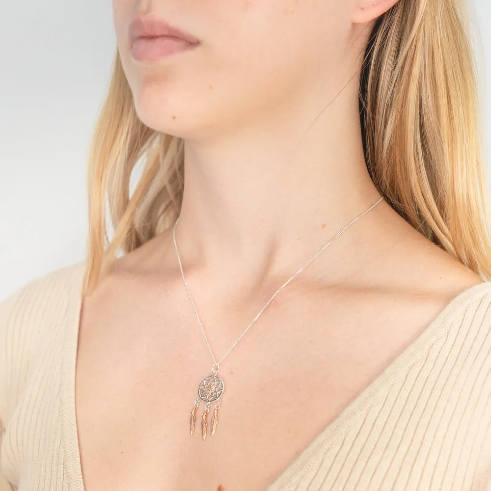 Sterling Silver and Rose Gold Plated Dreamcatcher Drop Pendant Shiels
