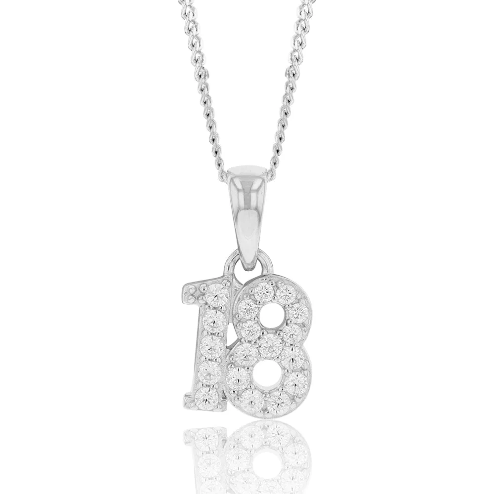 Sterling Silver Cubic Zirconia 8.5mm Number "18" Pendant Shiels