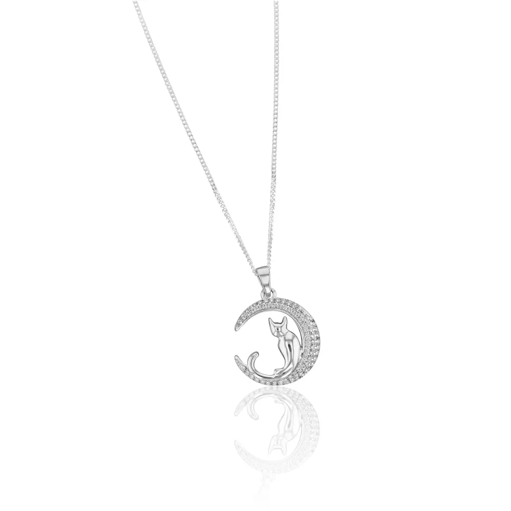 Sterling Silver Cubic Zirconia Crescent Moon with Cat Pendant Shiels