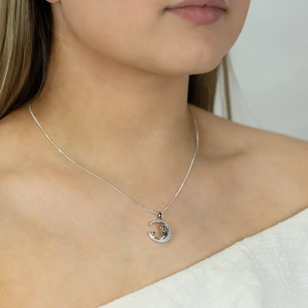 Sterling Silver Cubic Zirconia Crescent Moon with Cat Pendant Shiels