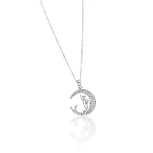 Sterling Silver Cubic Zirconia Crescent Moon with Cat Pendant Shiels