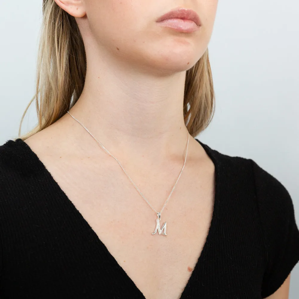 Sterling Silver Cubic Zirconia Cursive Initial "M" Pendant Shiels