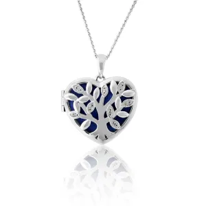 Sterling Silver Cubic Zirconia Tree of Life Locket with Blue Velvet Pendant Shiels