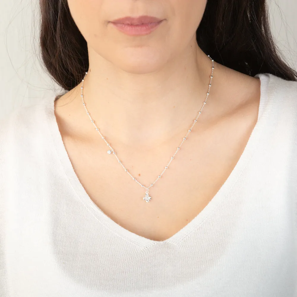 Sterling Silver Flower And Cubic Zirconia Charms On 45cm Balls Chain Shiels