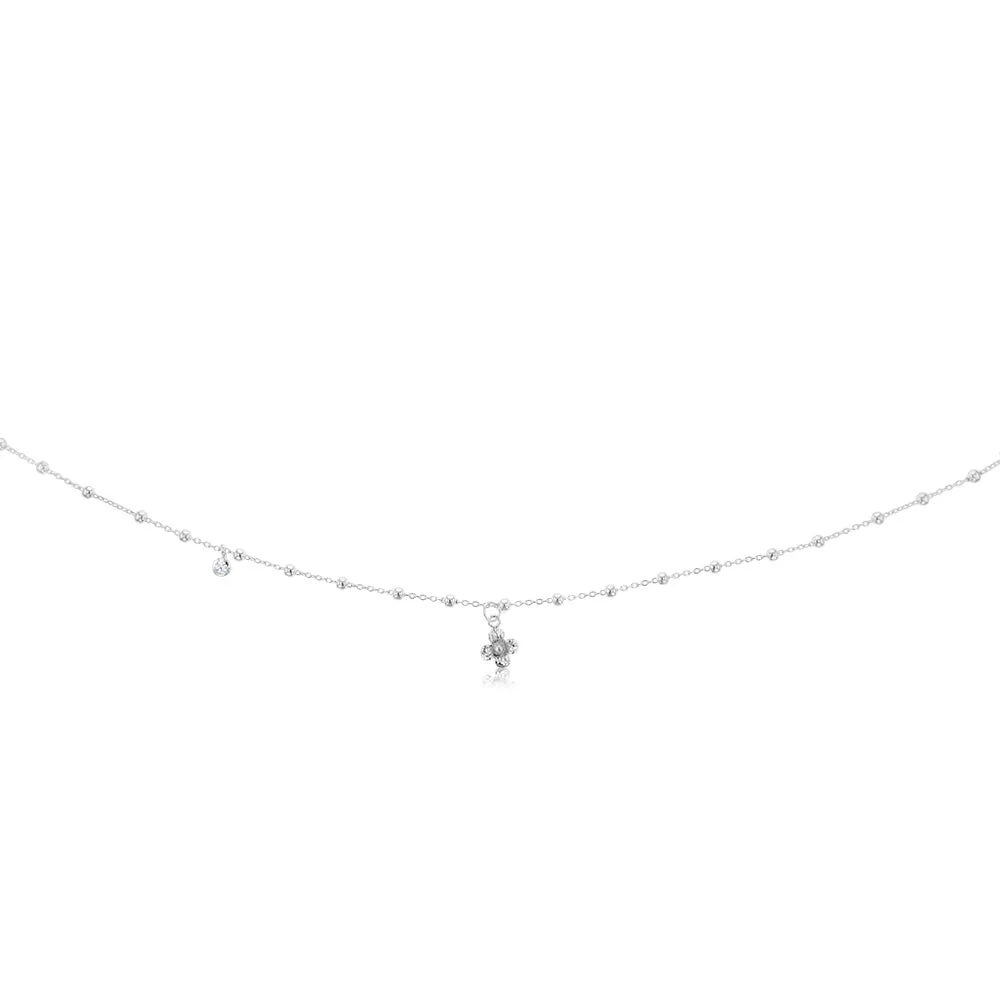 Sterling Silver Flower And Cubic Zirconia Charms On 45cm Balls Chain Shiels