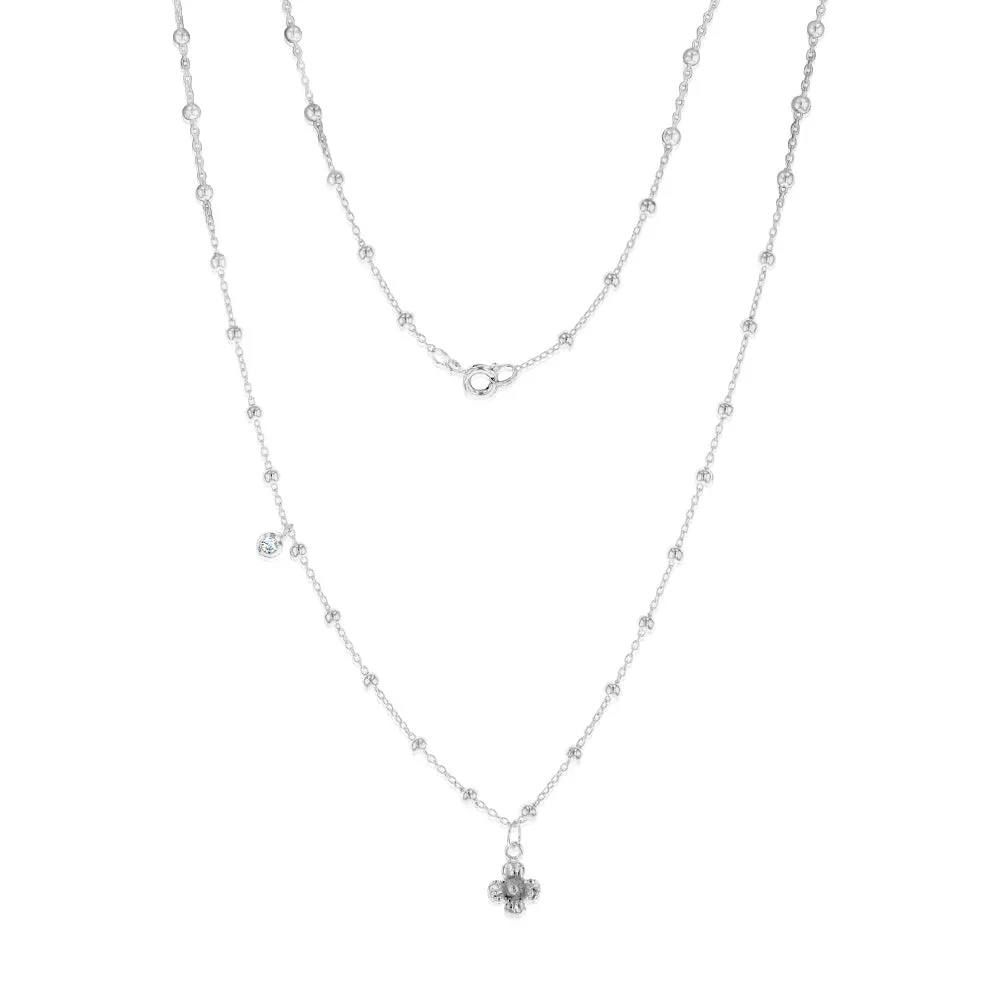 Sterling Silver Flower And Cubic Zirconia Charms On 45cm Balls Chain Shiels