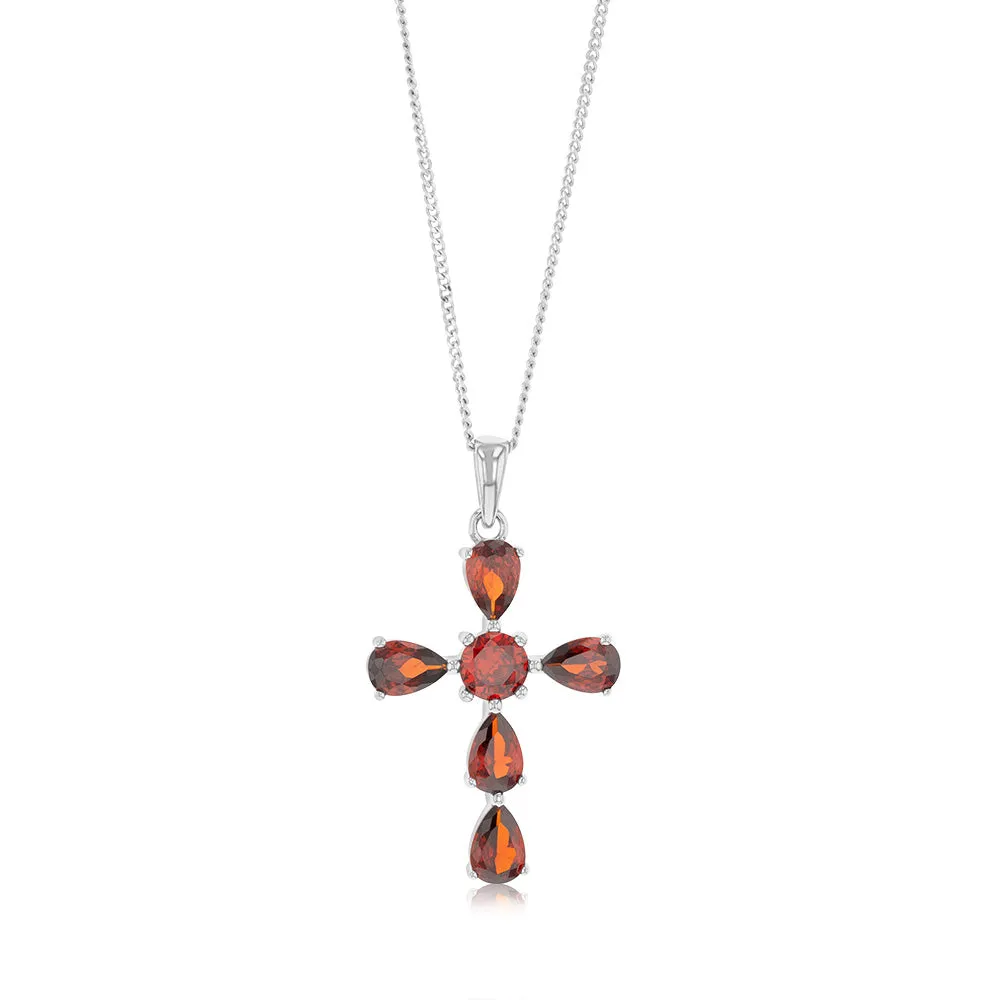 Sterling Silver Garnet Coloured Zirconia Cross Pendant Shiels